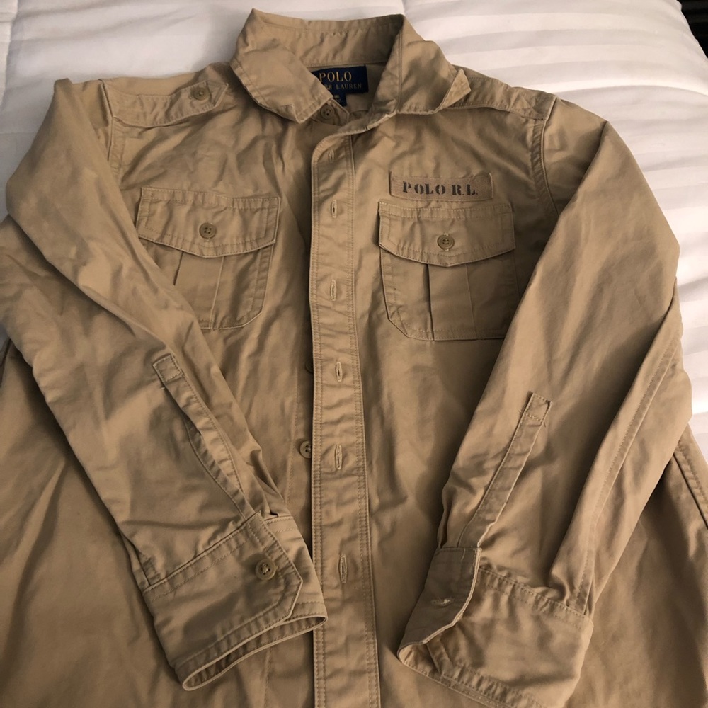 Boys khaki Polo button down long sleeve shirt.